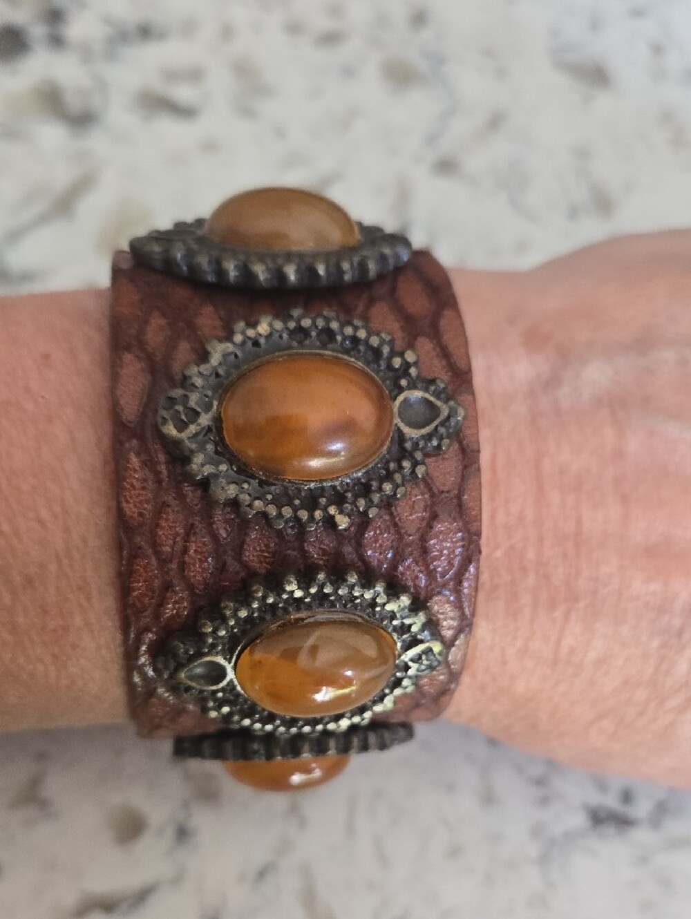 Streets Ahead Brown Leather Cuff with Amber Cabochons